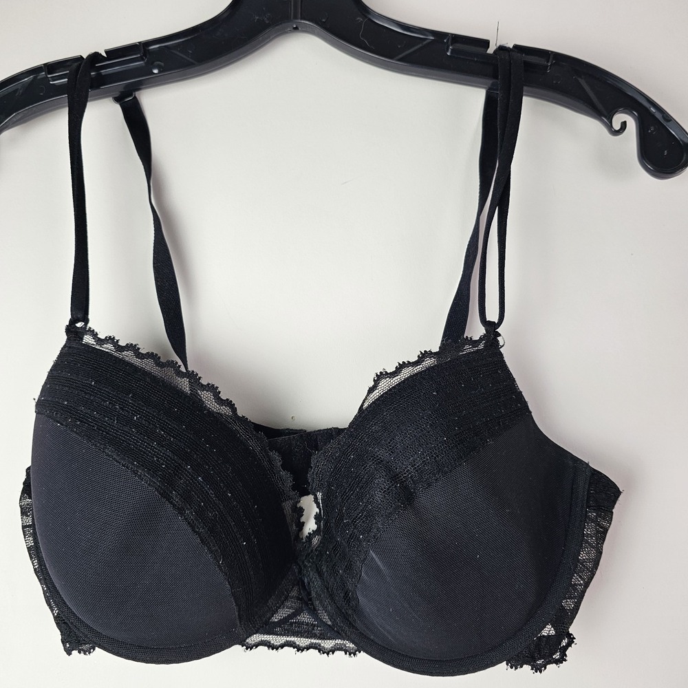 OnGossamer On Gossamer Black Bra 36C Mesh Lace Trim  Minimalist Romantic